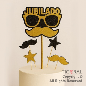 ADORNO DE TORTA SET JUBILADO CON 4 ESTRELLAS Y BENGALA GIBRE ORO x 1
